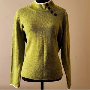 Appleseed's Mock Neck Long Sleeve Sweater 1XL Green w/Cream Stripe Button Collar